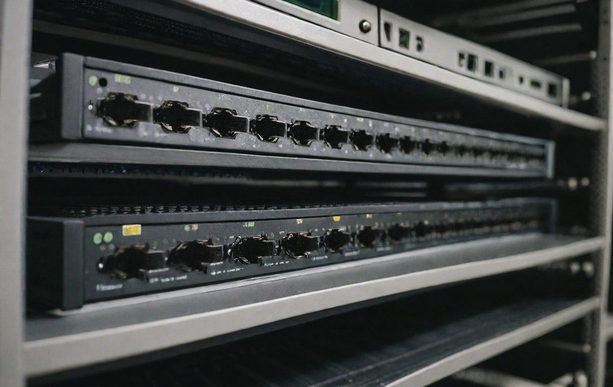 A compact server and network switch on a rack shelf, patch cables dressed to one side.